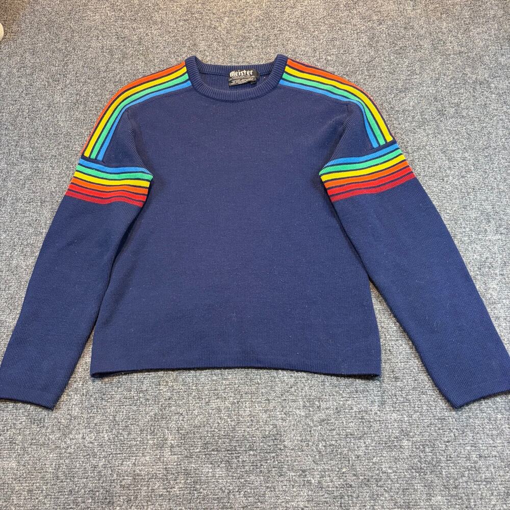 Vintage Meister Wool Ski Sweater Navy Blue Rainbow Stripe Men Size Small Retro